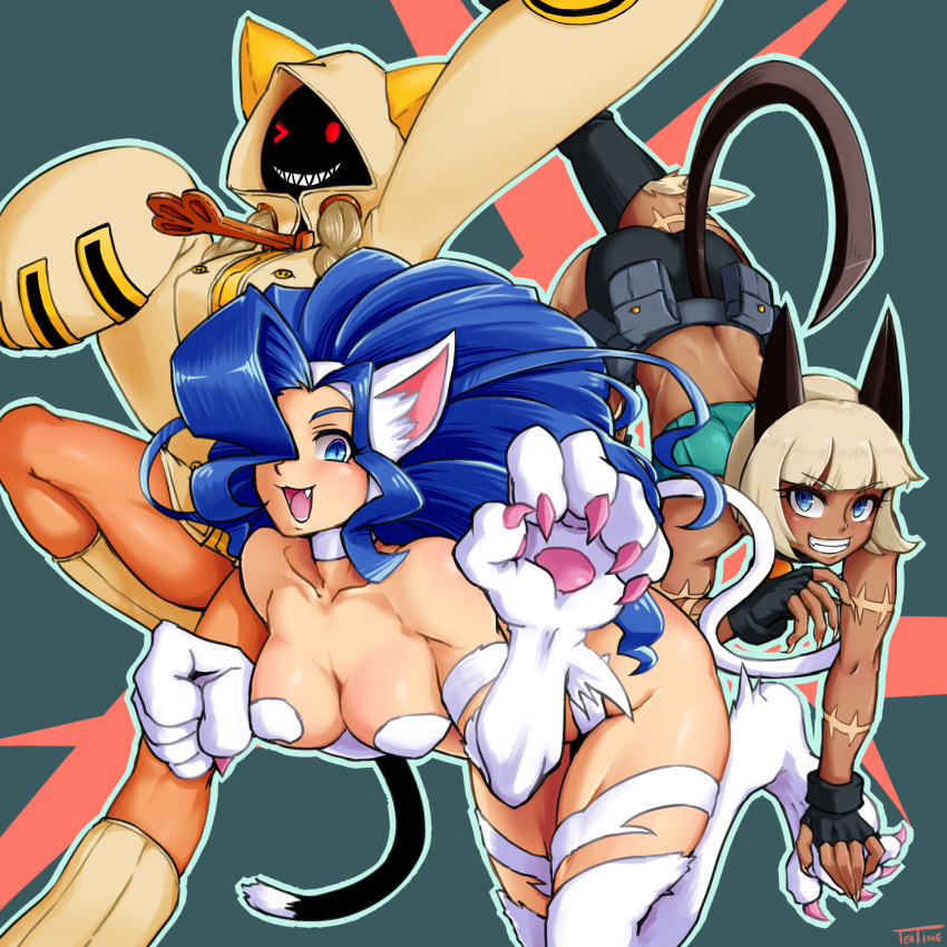 1:1 animal_humanoid blazblue blue_eyes blue_hair breasts capcom cat_humanoid clothing dark_skin darkstalkers felicia_(darkstalkers) felid felid_humanoid feline feline_humanoid female fur hair hi_res hoodie humanoid mammal mammal_humanoid mask nadia_fortune red_eyes sharp_teeth skullgirls smile stitches taokaka teatime teeth video_games white_fur white_hair