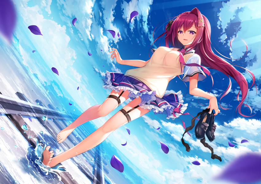 1girl ahoge barefoot black_footwear blue_skirt blue_sky cloud collared_shirt day dutch_angle eyebrows_visible_through_hair floating_hair frilled_skirt frills full_body garter_straps hair_between_eyes hair_intakes highres holding holding_shoes loafers long_hair looking_at_viewer miniskirt nanaka_mai ocean outdoors petals pleated_skirt purple_eyes purple_hair railroad_tracks roke_rabu_location_love_densha_x_doukyuusei school_uniform shiny shiny_hair shirt shoes shoes_removed short_sleeves skirt skirt_lift sky soles solo sweater sweater_vest thigh_strap very_long_hair white_shirt wind wind_lift wing_collar yellow_sweater
