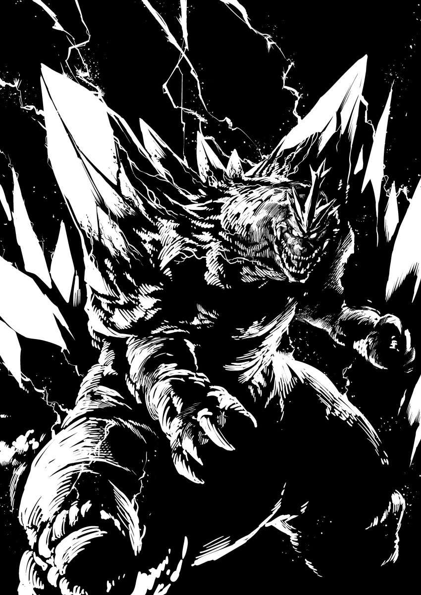 absurdres black_background claws electricity fangs godzilla_(series) high_contrast highres horn ishiyumi kaijuu monochrome monster no_humans spacegodzilla spikes