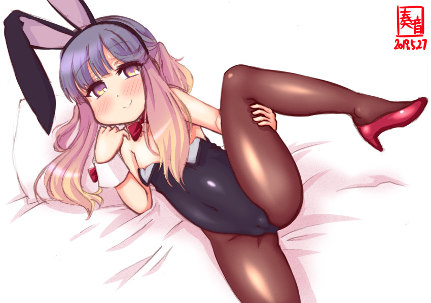 1girl animal_ears bed black_legwear black_leotard bow bowtie bunny_ears bunny_tail bunnysuit commentary_request detached_collar gradient_hair highres kanon_(kurogane_knights) kantai_collection leotard looking_at_viewer lying multicolored_hair on_side orange_hair pantyhose pillow purple_eyes purple_hair red_neckwear short_hair sidelocks solo spread_legs strapless strapless_leotard tail tsushima_(kantai_collection) wrist_cuffs