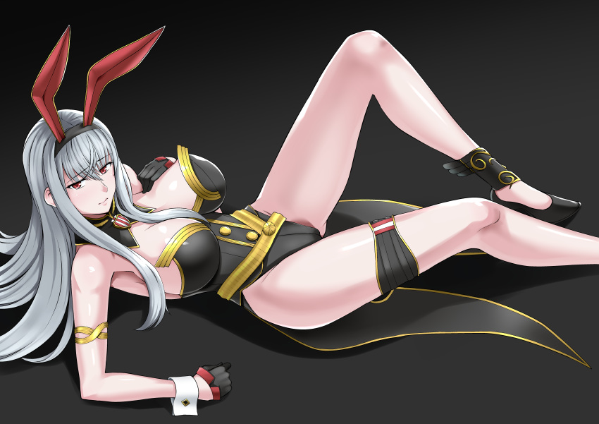 1girl absurdres animal_ears arm_support armlet bangs bare_shoulders belt black_footwear black_gloves black_leotard breasts bunny_ears bunnysuit buttons eyebrows_visible_through_hair fake_animal_ears gloves haruhisky highres large_breasts leotard long_hair looking_at_viewer lying on_back paid_reward pale_skin patreon_reward red_eyes selvaria_bles senjou_no_valkyria senjou_no_valkyria_1 shiny shiny_skin silver_hair simple_background solo strapless strapless_leotard thigh_strap thighs