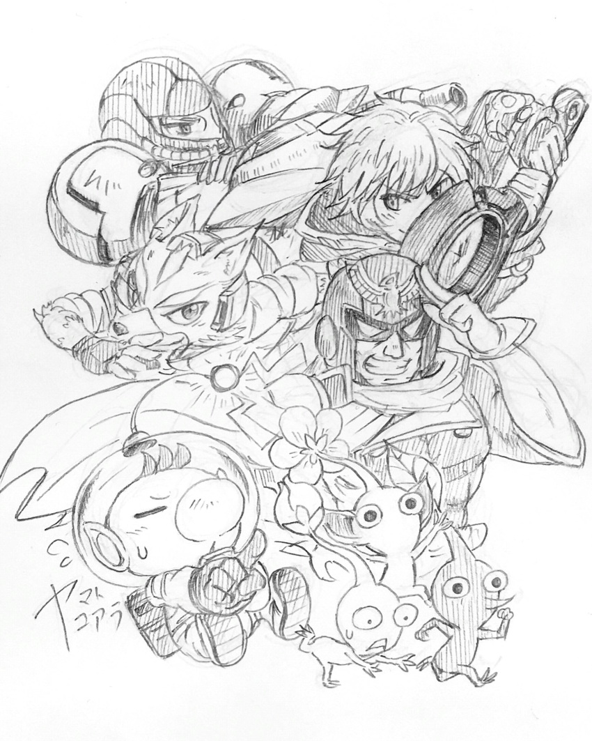 1girl 4boys aiming alien antenna anthro arm_cannon armor artist_signature big_nose black_and_white blue_pikmin captain_falcon crossover f-zero female fox_mccloud hair helmet highres holding holding_weapon koaraymt male metroid monado multiple_boys nintendo olimar pikmin pikmin_(creature) pikmin_(series) pikmin_(species) pointing pointy_ears red_pikmin running samus_aran scarf scouter shulk smile space_suit star_fox super_smash_bros. teeth tripping visor xenoblade_(series) xenoblade_chronicles yellow_pikmin