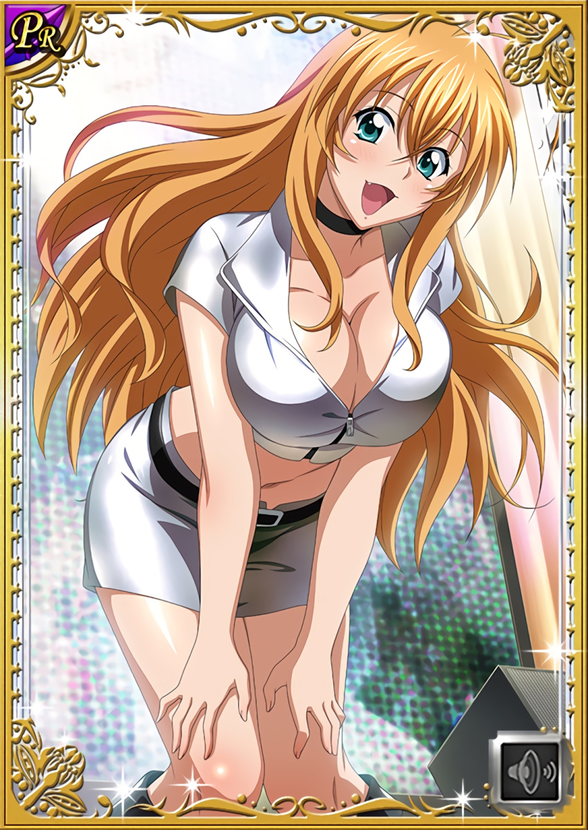 1girl :d aqua_eyes belt belt_buckle bent_over black_belt blonde_hair breasts buckle card_(medium) choker cleavage collarbone crop_top eyebrows_visible_through_hair fang floating_hair from_below grey_jacket grey_skirt hair_between_eyes hands_on_lap highres ikkitousen jacket large_breasts long_hair looking_at_viewer midriff miniskirt navel open_mouth pencil_skirt short_sleeves skirt smile solo sonsaku_hakufu standing stomach very_long_hair