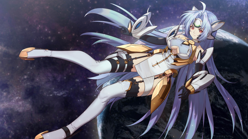 1girl absurdres android anson_(13686564308) bare_shoulders blue_hair breasts cleavage_cutout earth elbow_gloves garter_straps gloves highres kos-mos kos-mos_ver._4 long_hair long_legs looking_at_viewer medium_breasts red_eyes solo space thighhighs very_long_hair xenosaga xenosaga_episode_iii