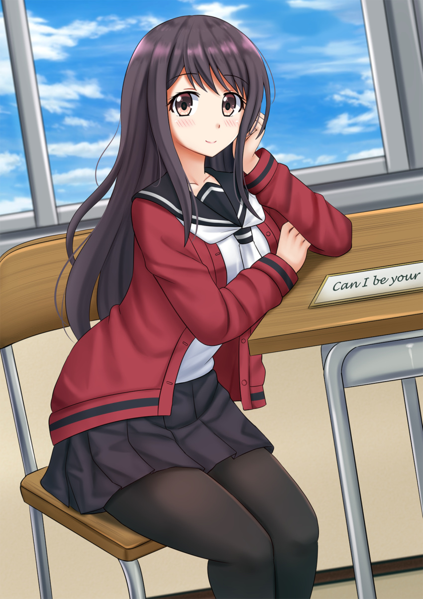 1girl arm_support bangs black_legwear black_sailor_collar black_skirt blue_sky blush brown_eyes brown_hair cardigan chair closed_mouth cloud collarbone commentary day desk english_text eyebrows_visible_through_hair highres indoors kazenokaze long_hair long_sleeves on_chair open_cardigan open_clothes pantyhose pleated_skirt red_cardigan sailor_collar school_chair school_desk school_uniform senryuu_shoujo serafuku shirt sitting skirt sky smile solo very_long_hair white_neckwear white_shirt window yukishiro_nanako