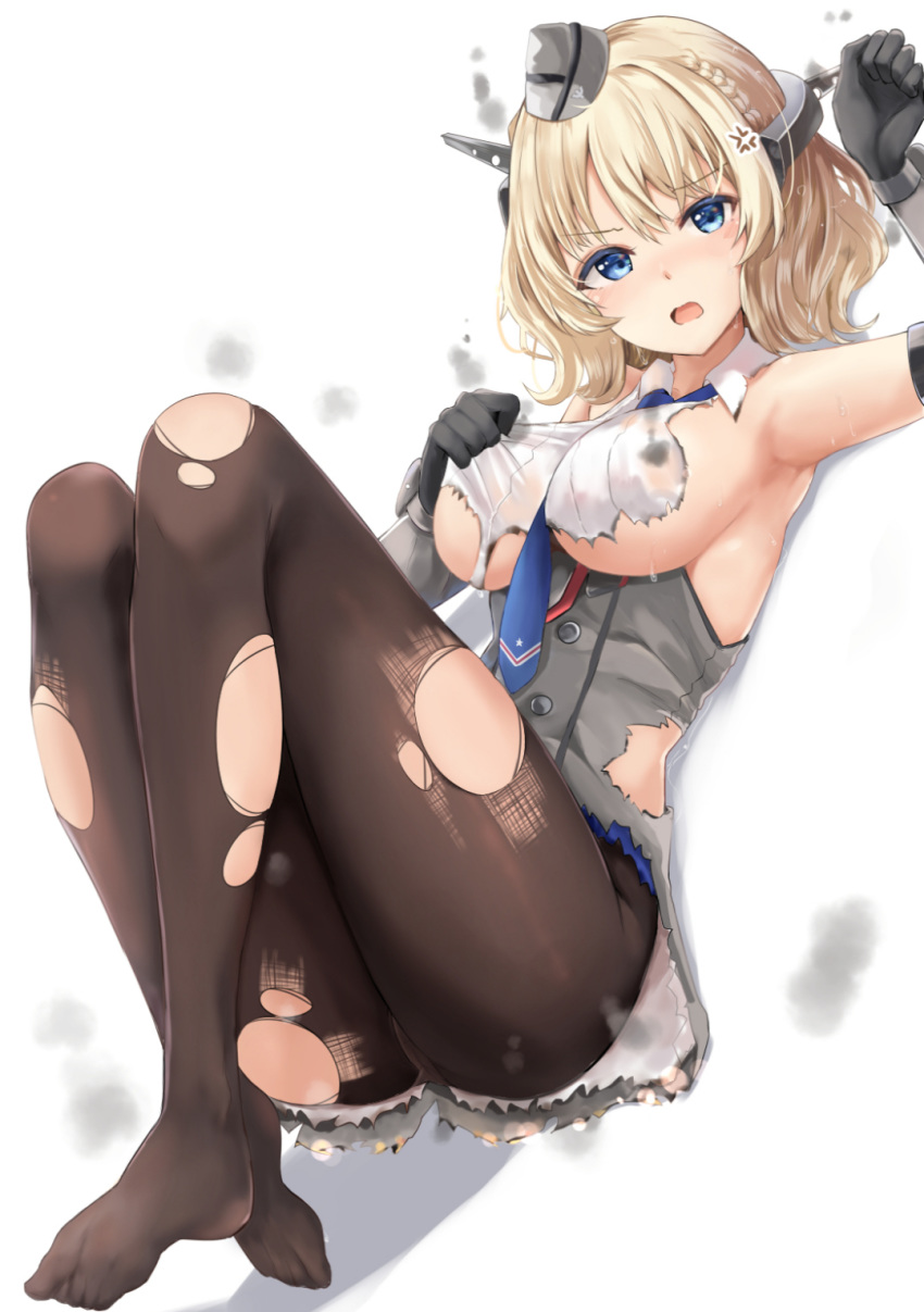 1girl anger_vein arm_up armpits bangs black_legwear blonde_hair blue_eyes blue_neckwear blush breasts capelet collared_dress colorado_(kantai_collection) corset covered_nipples dress elbow_gloves eyebrows_visible_through_hair feet gloves grey_gloves hair_between_eyes hands_up headgear highres kantai_collection knees_up looking_at_viewer lying medium_breasts necktie neneru no_shoes on_back open_mouth pantyhose short_hair sideboob sidelocks smoke solo torn_clothes v-shaped_eyebrows wet white_dress