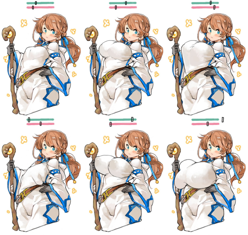 1girl belt black_gloves blue_eyes blue_ribbon blush braid breasts brown_hair bust_chart closed_mouth commentary covered_nipples flat_chest gameplay_mechanics gigantic_breasts gloves hair_ribbon hand_on_hip highres holding holding_staff hood hood_down huge_breasts large_breasts long_hair long_sleeves looking_at_viewer medium_breasts multiple_views original plump ribbon sachito small_breasts staff twintails white_robe