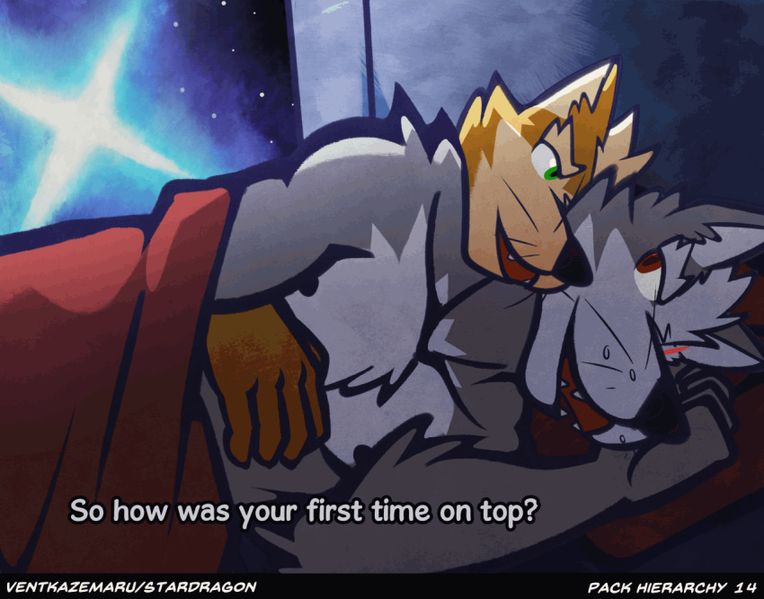 animated canid canine canis fox fox_mccloud male male/male mammal nintendo sleeping spooning star_fox text ventkazemaru video_games whiskers wolf wolf_o'donnell