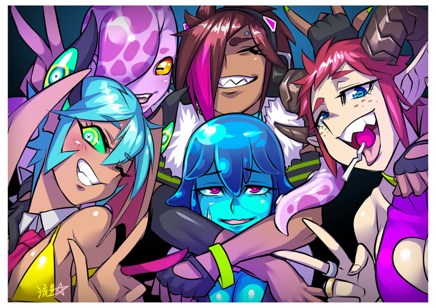 5girls aqua_hair armband blue_eyes blue_skin bra bracelet breasts brown_hair candy cephalopod_eyes cleavage cleavage_cutout closed_eyes collar commentary dark_skin demon_girl demon_horns english_commentary english_text fingerless_gloves food freckles gloves goat_horns goo_girl gradient_skin green_bracelet green_eyes hair_between_eyes halter_top halterneck headphones heart_cutout horns in_mouth jewelry lamia lollipop looking_at_viewer monster_girl multicolored_hair multiple_arms multiple_girls nail_polish necktie one_eye_closed original pink_eyes pink_hair pointy_ears purple_skin red_hair red_neckwear ring ryuusei_(mark_ii) satyr sharp_teeth sidelocks sleeveless slime smile spiked_bracelet spikes streaked_hair succubus sweatdrop teeth tentacle_hair tentacles two-tone_skin underwear yellow_bra yellow_sclera