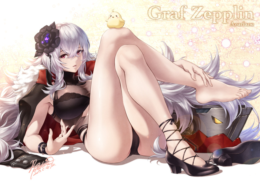 1girl azur_lane bangs black_swimsuit blush breasts cleavage eyebrows_visible_through_hair flower fur_trim graf_zeppelin_(azur_lane) graf_zeppelin_(beachside_urd)_(azur_lane) hair_between_eyes hair_flower hair_ornament highres large_breasts long_hair looking_at_viewer navel_cutout one-piece_swimsuit reclining red_eyes ryou_(pix_gallerio) see-through silver_hair solo swimsuit thighs very_long_hair