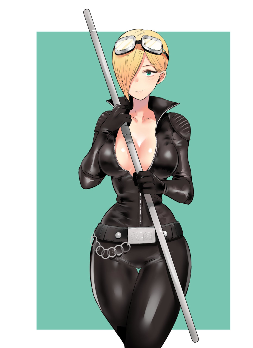 1girl absurdres alternate_costume black_bodysuit blonde_hair bodysuit breasts catsuit cleavage closed_mouth collarbone eye_(mememem) falke_(street_fighter) feet_out_of_frame fingerless_gloves gloves goggles goggles_on_head green_eyes hair_over_one_eye highres holding holding_weapon looking_at_viewer medium_breasts short_hair skin_tight solo standing street_fighter street_fighter_v tight unzipped weapon