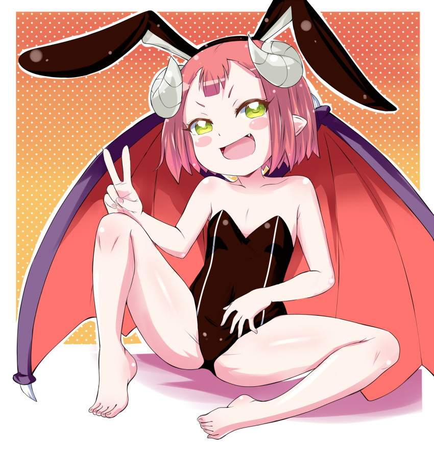 1girl animal_ears blush breasts bunny_ears bunnysuit collarbone covered_navel demon_girl demon_horns demon_wings endro! eyebrows fake_animal_ears fang feet green_eyes groin highres horns looking_at_viewer mao_(endro!) open_mouth red_hair shiny shiny_hair shiny_skin short_hair simple_background small_breasts smile solo spread_legs uncensored unholysoul v wings