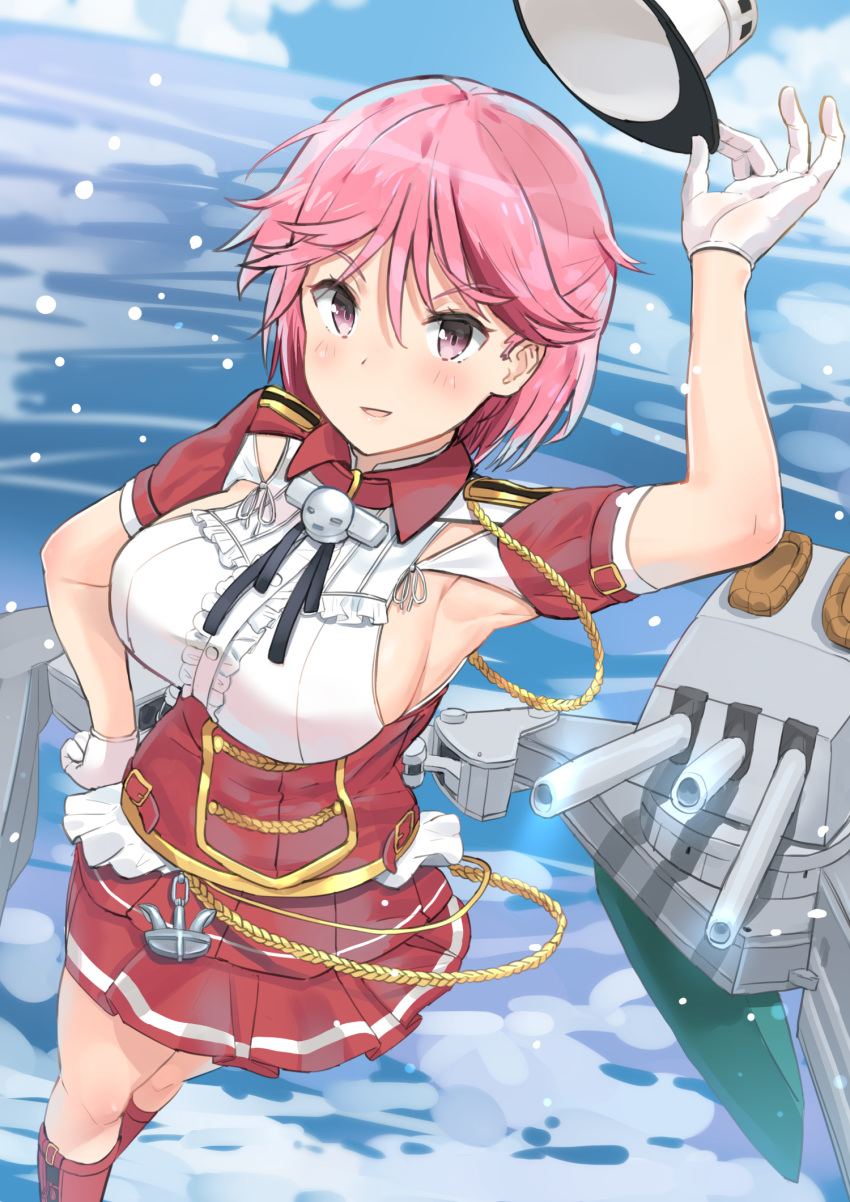 1girl anchor arm_up armpits boots breasts commentary_request dress epaulettes from_above giuseppe_garibaldi_(kantai_collection) gloves hand_on_hip hat highres holding holding_hat kantai_collection knee_boots lanyard large_breasts looking_at_viewer machinery miniskirt ocean outdoors parted_lips pink_eyes pink_hair pleated_skirt red_dress red_footwear red_skirt revision rigging short_hair skirt smile solo soushou_nin turret walking walking_on_liquid white_dress white_gloves white_headwear