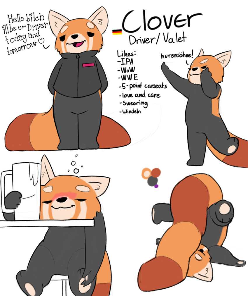 &lt;3 2019 3_toes ailurid alcohol anthro beverage black_fur blush bottomless clothed clothing clover_(sexotheque) dialogue digital_drawing_(artwork) digital_media_(artwork) drunk english_text featureless_crotch fur german_text gesture hi_res male mammal markings middle_finger model_sheet multicolored_fur nude open_mouth orange_fur red_panda sexotheque simple_background smile solo standing striped_tail stripes text toes