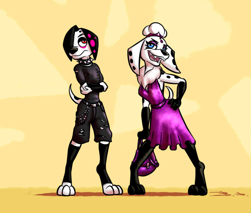 101_dalmatian_street 3_toes alternate_form anthro barefoot bassybird canid canine canis clothing collar dalmatian digitigrade disney dolly_(101_dalmatians) domestic_dog dress duo dylan_(101_dalmatians) family female male mammal purse spiked_collar spikes toes