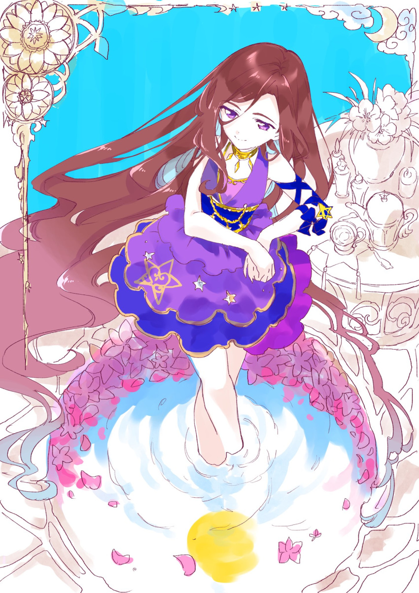 1girl aikatsu!_(series) aikatsu_stars! arm_ribbon brown_hair candle choker closed_mouth cup dress flower frame from_above hands_together highres in_water jewelry kasumi_yozora long_hair looking_down mitsuhashitaeko petals petals_on_liquid plant potted_plant purple_dress purple_eyes reflection ribbon sketch sleeveless smile solo standing table teacup teapot vase very_long_hair wavy_hair