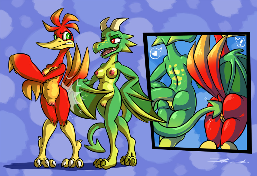 &lt;3 abstract_background alternate_form anal anthro avian banjo-kazooie bassybird bird breasts breegull butt butt_slap dragon dragon_kazooie duo feathers female green_eyes hi_res horn kazooie nude penetration pussy rareware red_eyes selfcest sex slap slightly_chubby square_crossover tail_feathers tail_sex vaginal vaginal_penetration video_games winged_arms wings