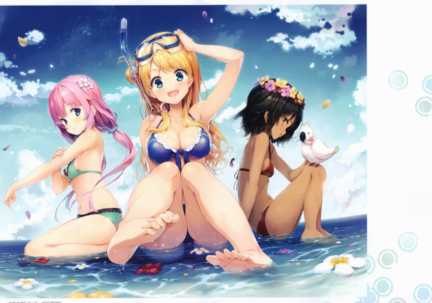 3girls :d absurdres aqua_eyes bare_legs barefoot bikini black_hair blonde_hair blue_bikini blue_eyes blue_scrunchie blue_sky breasts brown_eyes cleavage cloud dark_skin day diving_mask diving_mask_on_head dutch_angle eyebrows_visible_through_hair fisheye flower frill_trim frilled_bikini frills from_side front-tie_bikini front-tie_top green_bikini hair_flower hair_ornament hair_scrunchie head_wreath highres huge_filesize kneeling long_hair low_twintails medium_breasts multiple_girls navel open_mouth original outdoors petals pink_hair profile red_bikini scan scrunchie senji_(tegone_spike) short_hair sitting sky small_breasts smile swimsuit toes twintails water wet