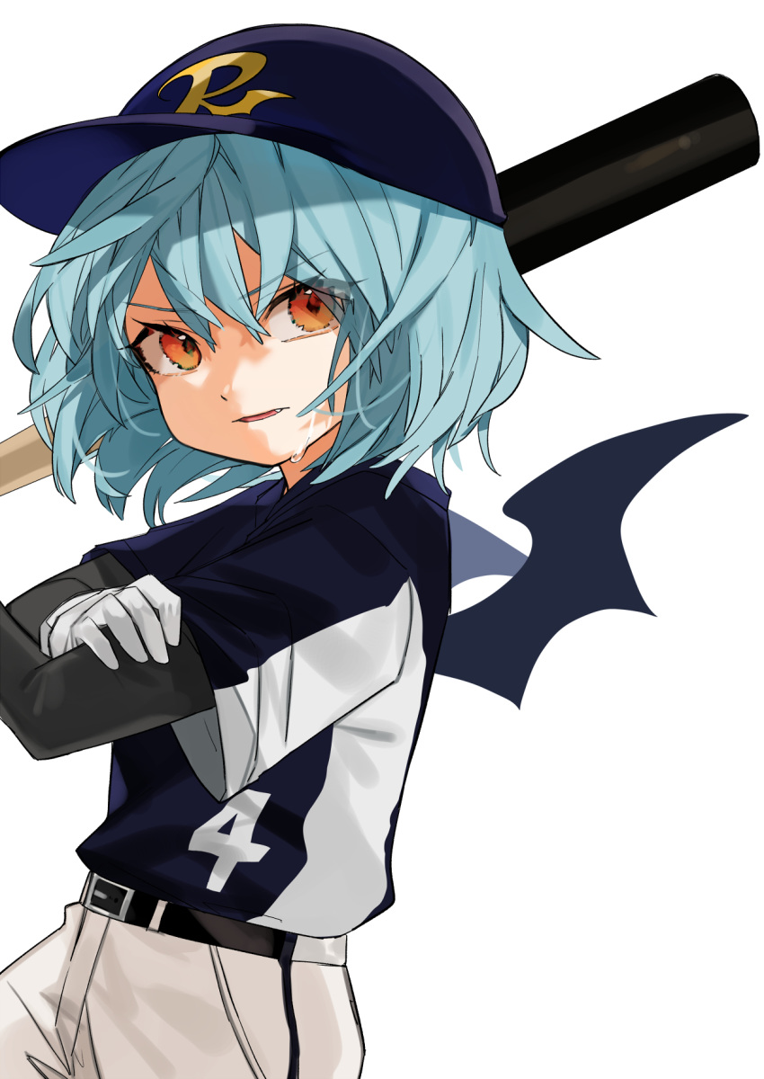 1girl 4 alternate_costume alternate_headwear bangs baseball_bat baseball_cap baseball_jersey baseball_uniform bat_wings belt black_belt blue_hair blue_headwear blue_shirt commentary_request cowboy_shot eyebrows_visible_through_hair fang gotoh510 hair_between_eyes hat head_tilt highres holding holding_baseball_bat looking_at_viewer number pants parted_lips red_eyes remilia_scarlet shirt short_hair simple_background solo sportswear sweat touhou v-shaped_eyebrows white_background white_pants wings