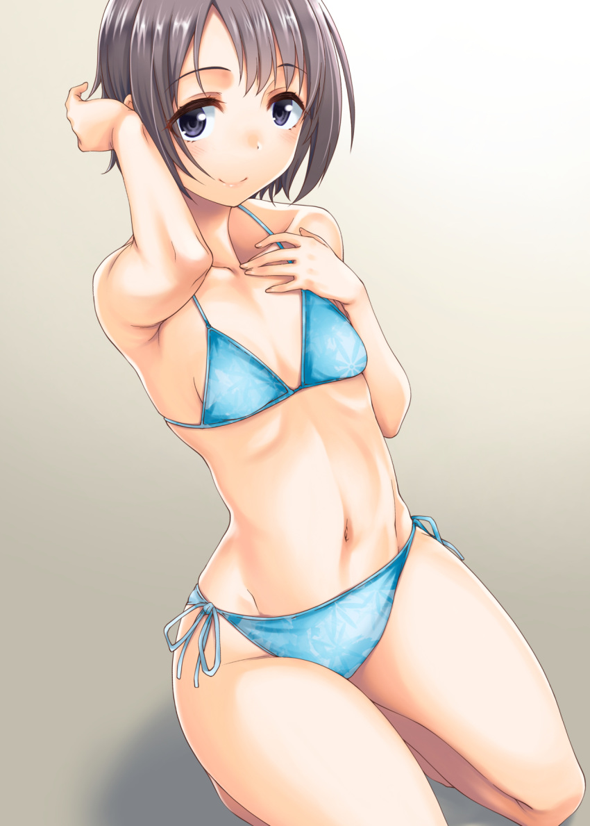 1girl arm_up bikini black_eyes blue_bikini collarbone cowboy_shot flat_chest gradient gradient_background grey_background grey_hair hand_on_own_chest highres hisakawa_chin idolmaster idolmaster_cinderella_girls kneeling looking_at_viewer navel otokura_yuuki short_hair side-tie_bikini smile solo swimsuit