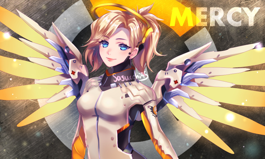 1girl armor artist_name blonde_hair blue_eyes blush bodysuit breastplate breasts character_name closed_mouth emblem eyelashes headgear high_collar highres lips logo long_hair long_sleeves looking_at_viewer mechanical_halo mechanical_wings medium_breasts mercy_(overwatch) nose overwatch pink_lips ponytail sasucchi95 skin_tight smile solo spread_wings turtleneck upper_body wing_print wings yellow_wings