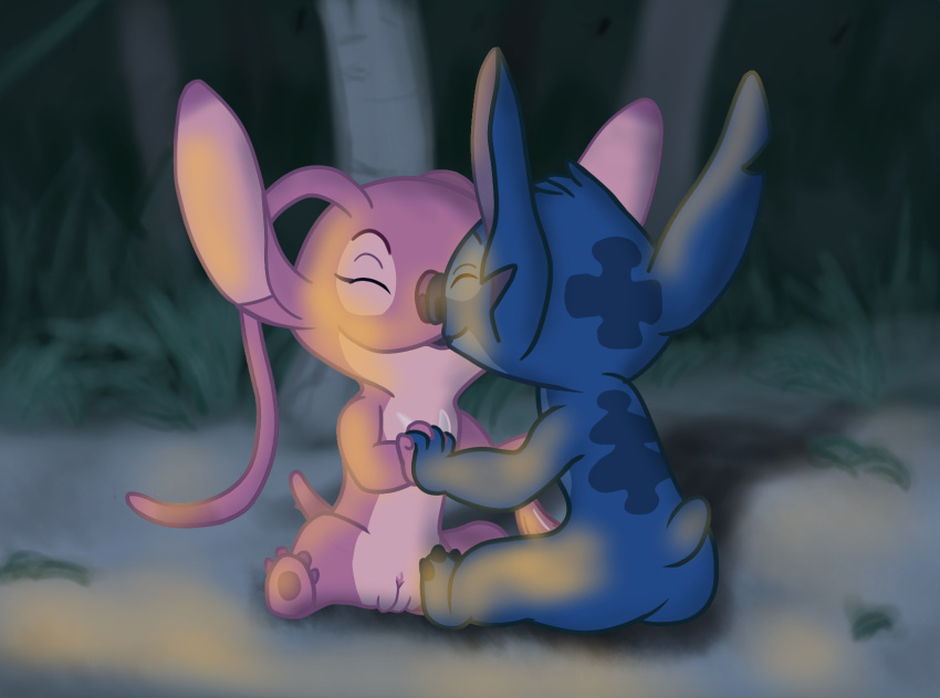 2016 4_toes alien angel_(lilo_and_stitch) antennae_(anatomy) back_markings blue_fur blue_nose chest_markings digital_drawing_(artwork) digital_media_(artwork) disney duo experiment_(species) eyes_closed female forest fur hand_holding hi_res kissing lilo_and_stitch male male/female markings night notched_ear occipital_markings outside penis pink_fur purple_nose pussy shinazuka sitting sketch small_tail smile stitch toes tree