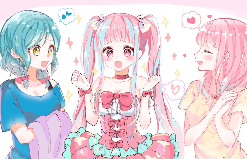 3girls :d aqua_hair bang_dream! bangs bare_shoulders blue_shirt blush bow bowtie breasts choker cleavage clenched_hands cosplay dress green_eyes hair_bow hana_kon_(17aaammm) hands_together hands_up heart highres hikawa_hina holding_clothes long_hair maruyama_aya maruyama_aya_(cosplay) multiple_girls musical_note off-shoulder_shirt off_shoulder open_mouth pareo_(bang_dream!) pink_bow pink_choker pink_dress pink_eyes pink_hair pink_neckwear shirt short_hair short_sleeves side_braids sidelocks smile sparkle spoken_heart spoken_musical_note strapless strapless_dress t-shirt upper_body white_bow wrist_bow yellow_shirt
