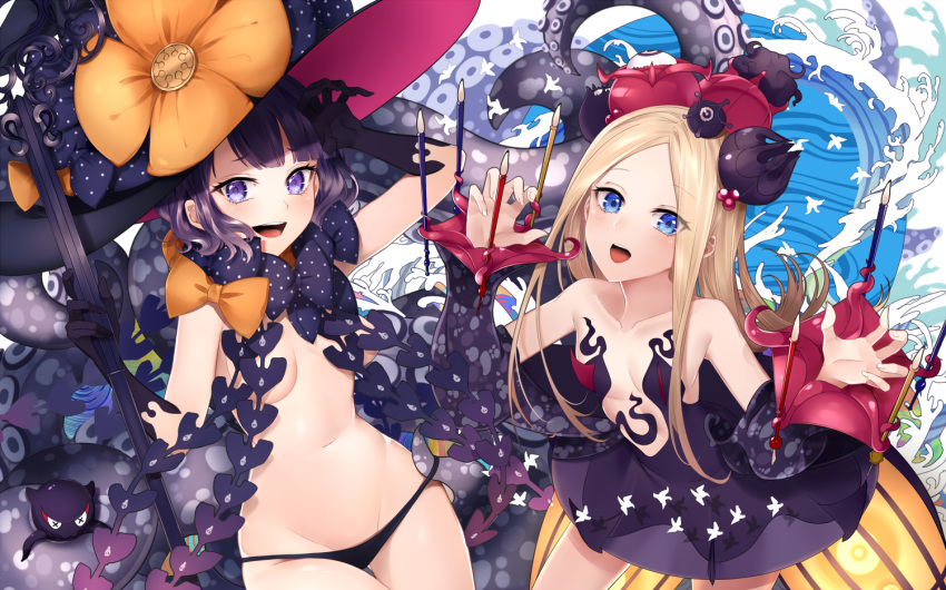 2girls :d abigail_williams_(fate/grand_order) abigail_williams_(fate/grand_order)_(cosplay) animal arm_up bangs bare_shoulders black_bow black_dress black_gloves black_headwear black_panties blonde_hair blue_eyes bow breasts collarbone commentary_request cosplay costume_switch dress elbow_gloves eyebrows_visible_through_hair fate/grand_order fate_(series) forehead gloves hat hat_bow katsushika_hokusai_(fate/grand_order) katsushika_hokusai_(fate/grand_order)_(cosplay) koruta_(nekoimo) long_hair looking_at_viewer multiple_girls navel octopus open_mouth orange_bow panties parted_bangs polka_dot polka_dot_bow purple_eyes purple_hair revealing_clothes skull_print small_breasts smile strapless strapless_dress suction_cups tentacles thighs tokitarou_(fate/grand_order) topless underwear very_long_hair waves witch_hat