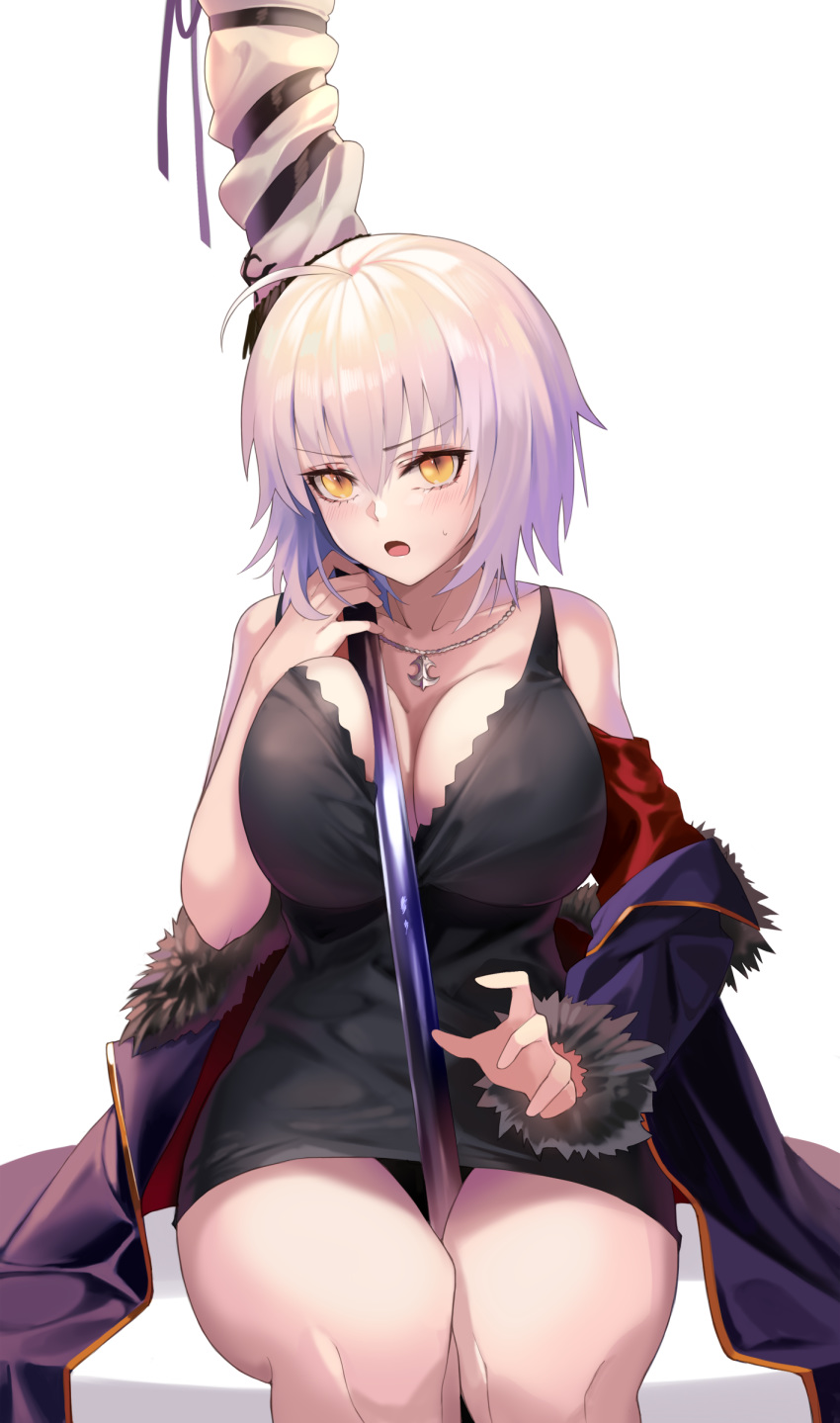 absurdres bangs banner breasts cape cleavage coat eyebrows_visible_through_hair fate/grand_order fate_(series) fur-trimmed_coat fur_collar fur_trim highres huyou_(awegk) jeanne_d'arc_(alter)_(fate) jeanne_d'arc_(fate)_(all) jewelry large_breasts necklace short_hair silver_hair sitting staff tsurime white_background wicked_dragon_witch_ver._shinjuku_1999 yellow_eyes