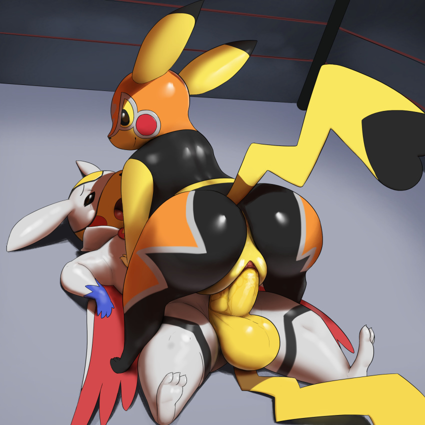1:1 balls big_balls big_butt butt cape clade clothed clothing cosplay_pikachu cowgirl_position digital_media_(artwork) domination duo female female_domination female_penetrated feral fighting_ring half-closed_eyes hi_res looking_pleasured male male/female male_penetrating mask nintendo on_top open_mouth penetration penis pikachu pikachu_libre pok&eacute;mon pok&eacute;mon_(species) pussy sex smile vaginal vaginal_penetration video_games wrestling