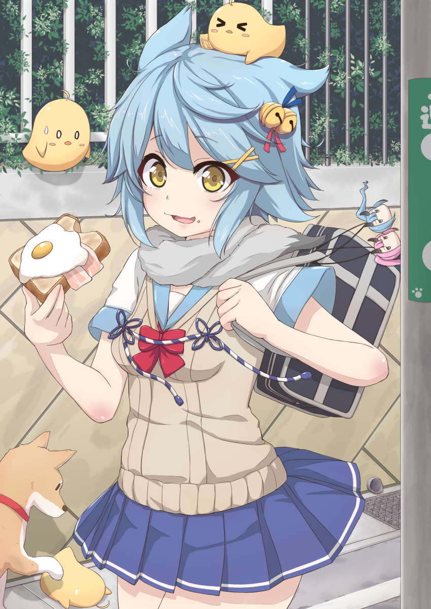 1girl absurdres alternate_costume animal_ears azur_lane bag blue_hair bread dog food fubuki_(azur_lane) hair_ornament hairclip highres ikazuchi_(azur_lane) inazuma_(azur_lane) looking_at_viewer manjuu_(azur_lane) open_mouth running school_bag school_uniform short_hair solo uniform yellow_eyes