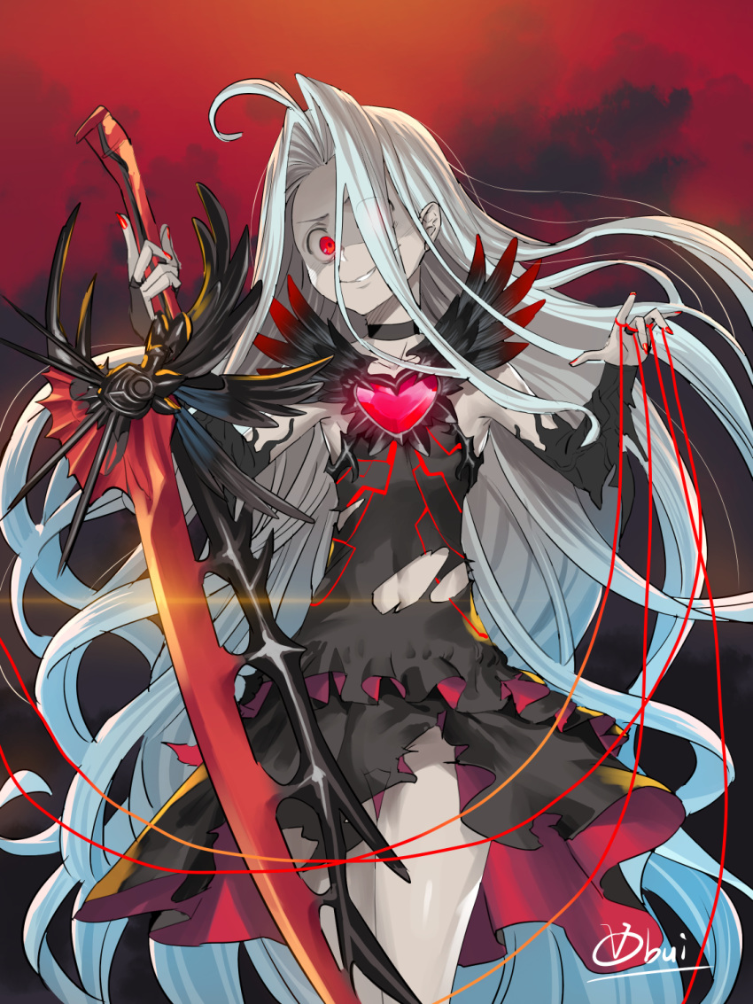 1girl alternate_skin_color artist_name ass_visible_through_thighs black_choker black_dress blue_hair choker commentary corruption cowboy_shot dark_persona detached_sleeves dress granblue_fantasy grin highres holding holding_sword holding_weapon long_hair looking_at_viewer lyria_(granblue_fantasy) nail_polish obui pale_skin puppet_strings red_background red_nails red_string signature sleeveless smile string sword thighs torn_clothes very_long_hair weapon
