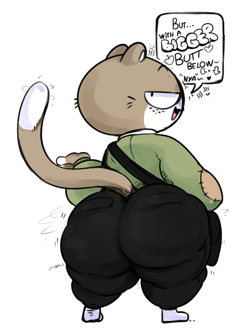 anthro bag barefoot big_butt butt clothed clothing domestic_cat elchilenito english_text felid feline felis fur half-closed_eyes hi_res looking_at_viewer looking_back lucas_(elchilenito) male mammal open_mouth pants paws rear_view seductive solo speech_bubble standing text whiskers