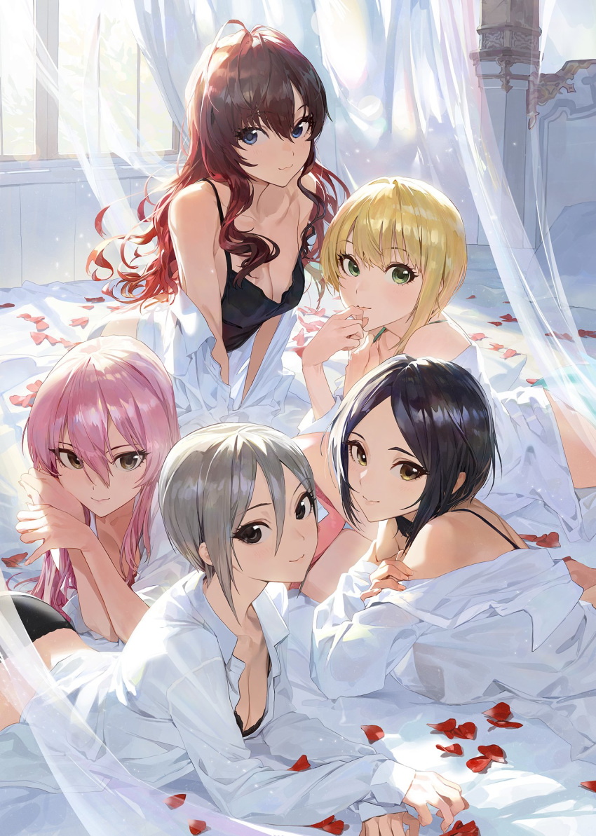 5girls :3 ahoge aqua_bra aqua_panties arm_support backlighting bangs bed black_bra black_eyes black_panties black_tank_top blonde_hair blue_eyes blue_hair bra breasts brown_eyes brown_hair camisole chin_rest cleavage crossed_arms curtains day green_eyes grey_hair hand_to_own_mouth hayami_kanade highres ichinose_shiki idolmaster idolmaster_cinderella_girls indoors jougasaki_mika leaning_forward lipps_(idolmaster) long_hair long_sleeves looking_at_viewer lying miyamoto_frederica mossi multiple_girls no_pants off_shoulder on_stomach open_clothes open_shirt panties parted_bangs petals pink_hair pink_panties shiomi_shuuko shirt short_hair sleeves_past_wrists underwear wavy_hair white_shirt white_theme window