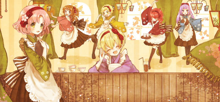 6+girls :d ^_^ ^o^ aikatsu! aikatsu!_(series) alternate_costume apron back_bow bangs blonde_hair blunt_bangs blush boots bow braid closed_eyes commentary_request cross-laced_footwear cup curtains drink drinking_glass dropping fang flower frilled_apron frills green_eyes hair_bow hair_flower hair_ornament hairband hattori_yuu highres hikami_sumire holding holding_tray indoors kitaouji_sakura koedo kurebayashi_juri lace-up_boots lamp long_hair long_sleeves looking_at_viewer maid_apron multiple_girls one_side_up oozora_akari open_mouth orange_hair pink_hair ponytail purple_eyes purple_hair red_eyes red_hair shinjou_hinaki short_hair smile surprised sweatdrop thigh_boots thighhighs tray wa_maid waving white_apron window