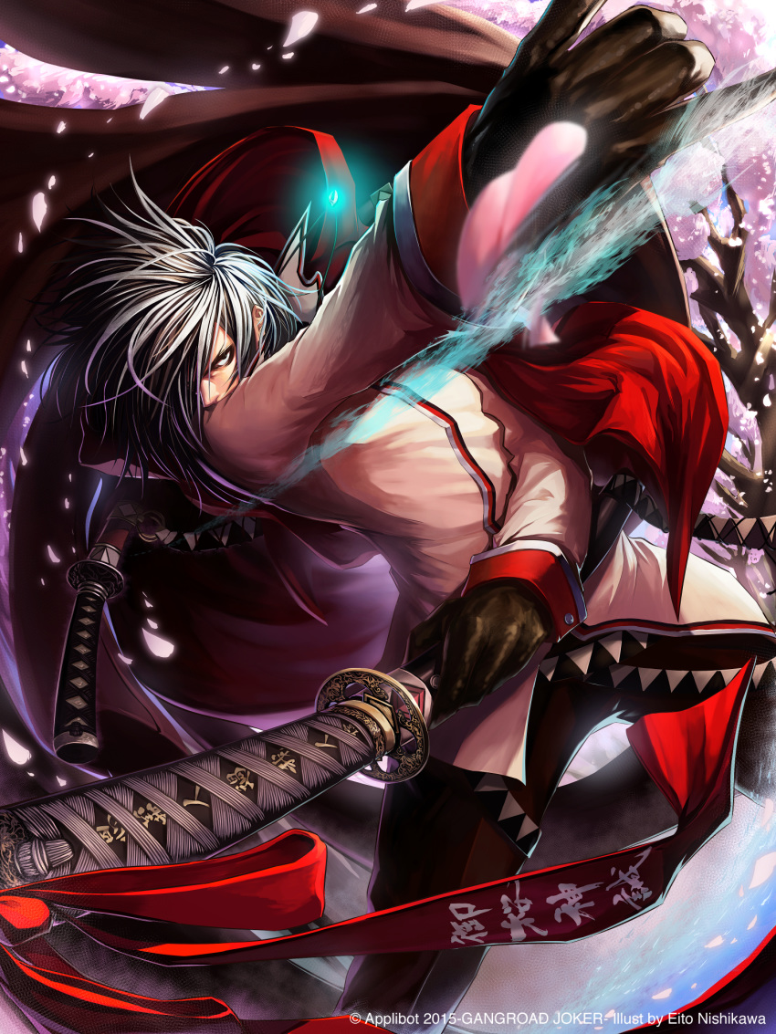 1boy black_eyes brown_gloves cherry_blossoms earrings eito_nishikawa english_text furyou_michi_~gang_road~ gem gloves glowing highres holding holding_sword holding_weapon jewelry katana male_focus mikado_(kaguya-hime_no_monogatari) necklace petals scabbard sheath solo sword tree weapon white_hair
