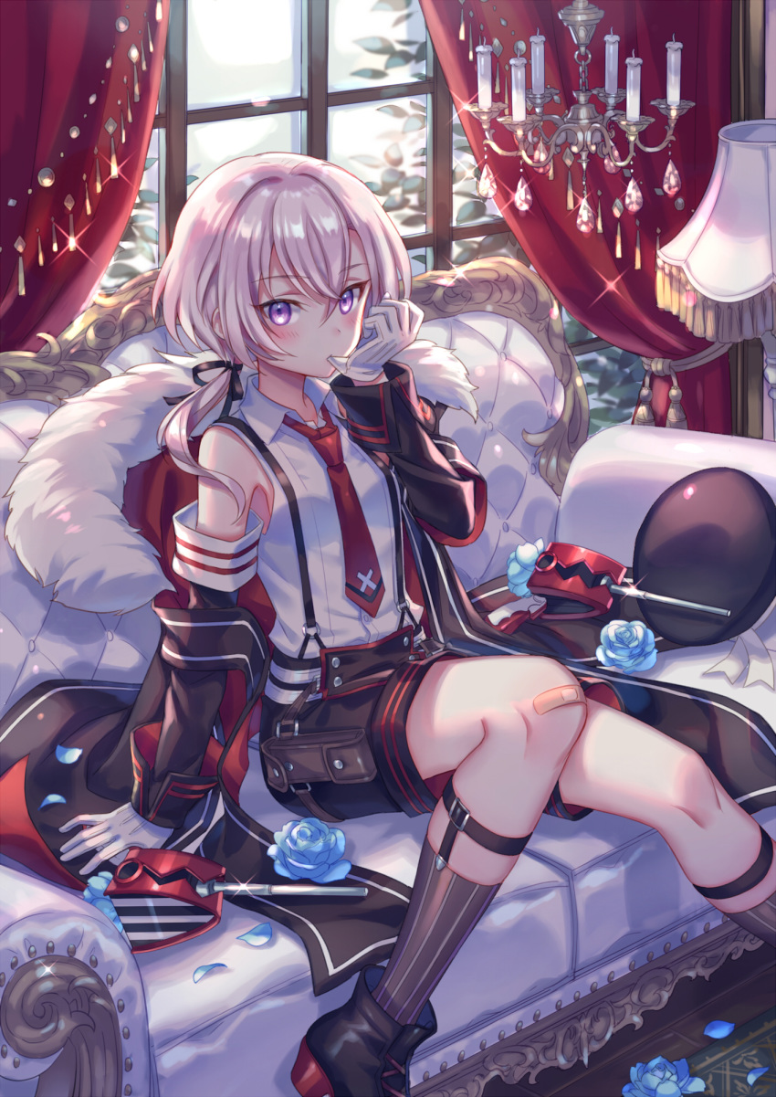 1girl azur_lane bandage_on_knee bare_shoulders biting blue_flower blue_rose blush chandelier collared_shirt couch curtains eyebrows_visible_through_hair flat_chest flower glove_biting gloves highres indoors jacket lamp long_sleeves looking_at_viewer low_ponytail medium_hair necktie on_couch petals purple_eyes red_neckwear rose rose_petals shirt shoes shorts sitting socks solo suspender_shorts suspenders white_gloves white_hair white_shirt window z1_leberecht_maass_(azur_lane) zoff_(daria)