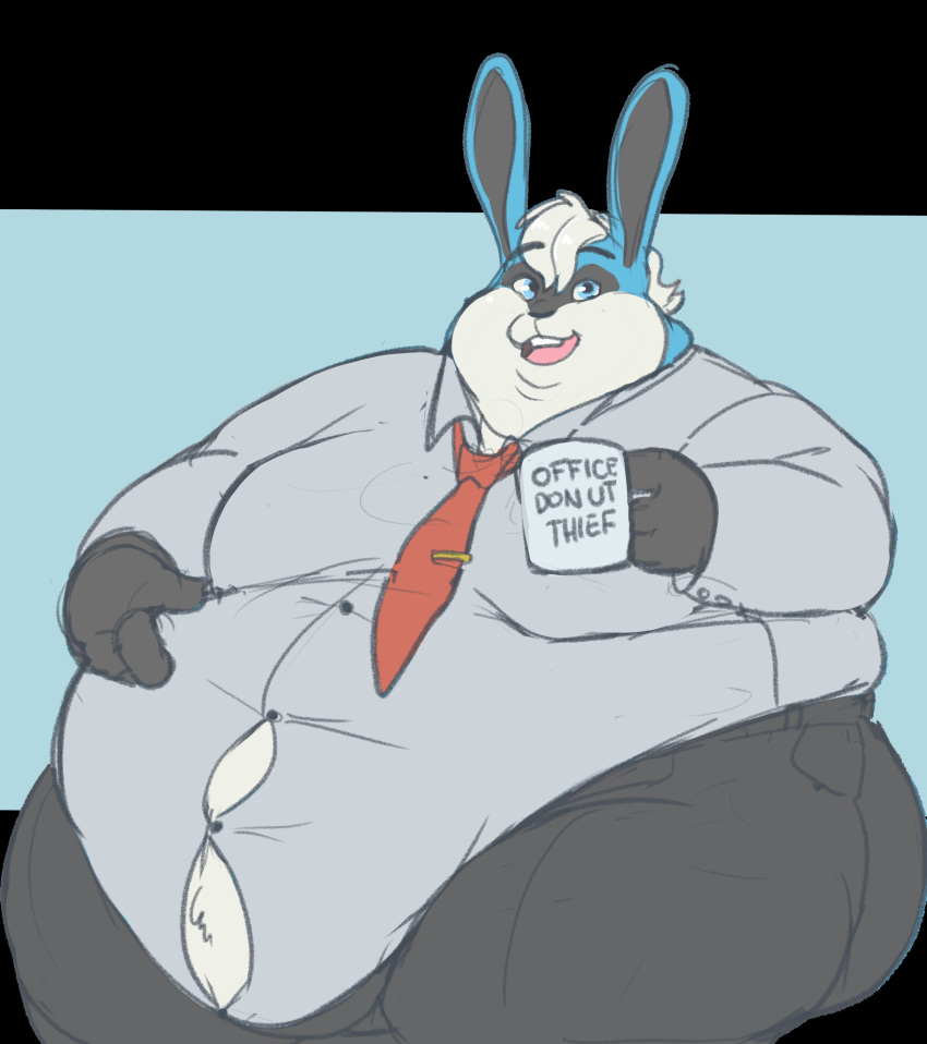 absurd_res anthro belly belly_overhang big_belly big_butt black_fur blue_fur butt captainjusticevirtsuoso chubby_cheeks clothed clothing cup double_chin fur hand_on_stomach hi_res holding_cup holding_object lagomorph leporid love_handles male mammal moobs morbidly_obese necktie obese obese_male open_mouth open_smile overweight overweight_male rabbit smile solo straining_buttons thick_thighs white_fur winston_(roller-2009)