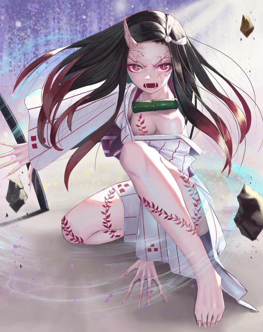 1girl absurdres action angry bamboo bit_gag black_hair breasts cleavage fangs floating_rock gag gag_around_neck glowing glowing_eyes hair_ribbon highres horn japanese_clothes kamado_nezuko katana kimetsu_no_yaiba kimono long_hair looking_at_viewer multicolored_hair nekobell oni open_mouth ribbon slit_pupils small_breasts solo spoilers sword tattoo very_long_fingernails very_long_hair weapon