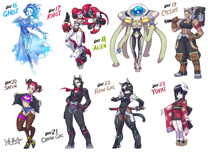 6+girls alien android animal_ear_fluff animal_ears bandaid_on_arm bangs biker_clothes bikesuit black_hair blue_capelet blue_corset blue_eyes blue_hair blue_sclera blue_skirt blush_stickers bodysuit boots bra breasts broken_horn brown_hair capelet cat_ears cat_girl cat_tail cleavage cleavage_cutout closed_eyes closed_mouth crossed_legs cyclops dark_skin dog_ears dog_girl dog_tail english_text fishnets floral_print furry galaxy ghost gloves glowing glowing_eye glowing_eyes glowing_mouth goat_horns goat_legs green_eyes halter_top halterneck hammer hand_seal headgear heart_cutout helmet highres hime_cut hooves horns humanoid_robot jacket japanese_clothes jewelry kimono large_breasts mask mask_on_head mechanical_arms mechanical_legs medium_hair multiple_girls muscle muscular_female ninja noh_mask obi one-eyed one_eye_covered open_mouth original over_shoulder overalls pilot_suit pointy_ears ponytail power_suit red_hair ring robot robot_joints ryuusei_(mark_ii) salute sash satyr scarf see-through short_hair short_kimono short_shorts short_sword shorts simple_background single_earring skeleton skirt smile snout spacesuit star sword tail thigh_strap thong training_bra two-finger_salute underwear waving weapon weapon_over_shoulder white_background wide_sleeves youkai yukata