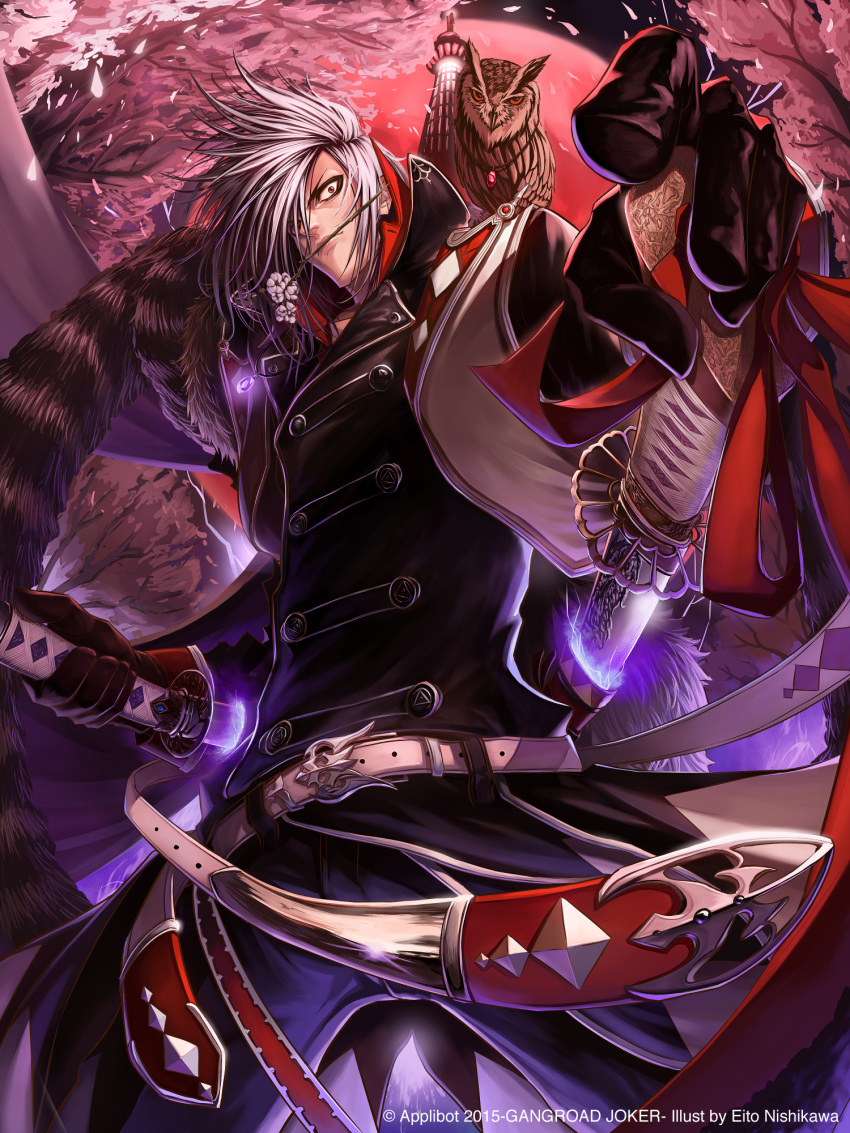 1boy animal animal_on_shoulder belt bird black_eyes black_gloves buttons cherry_blossoms eito_nishikawa english_text flower flower_in_mouth furyou_michi_~gang_road~ gem gloves glowing highres holding holding_sword holding_weapon jewelry katana male_focus mikado_(kaguya-hime_no_monogatari) moon necklace owl petals red_eyes red_moon scabbard sheath sword thorns tower tree unsheathing weapon white_belt white_flower white_hair