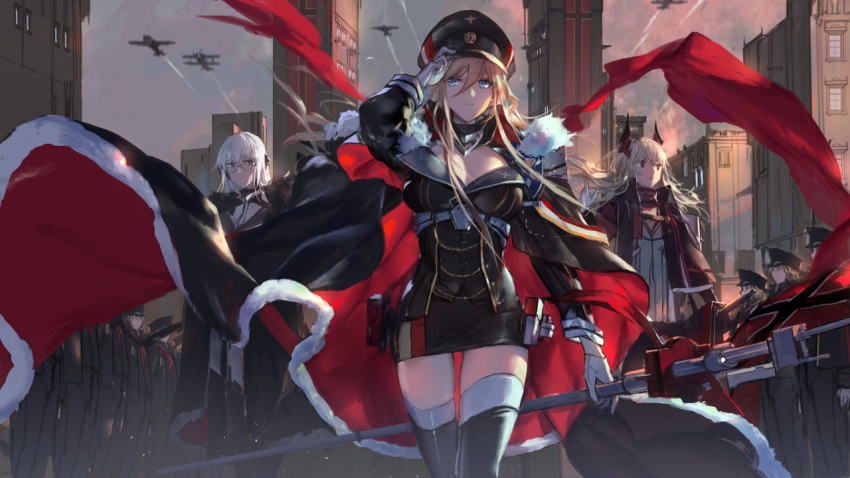 3girls adjusting_clothes adjusting_hat aircraft airplane arm_up azur_lane bismarck_(azur_lane) black_footwear blonde_hair blue_eyes boots breasts character_request cleavage condensation_trail fur_trim glasses gloves hair_between_eyes hat horns jacket jacket_on_shoulders large_breasts long_hair long_sleeves military military_hat military_uniform multiple_girls official_art outdoors peaked_cap pencil_skirt polearm sidelocks skirt swd3e2 thigh_boots thighhighs uniform weapon white_gloves white_hair zettai_ryouiki