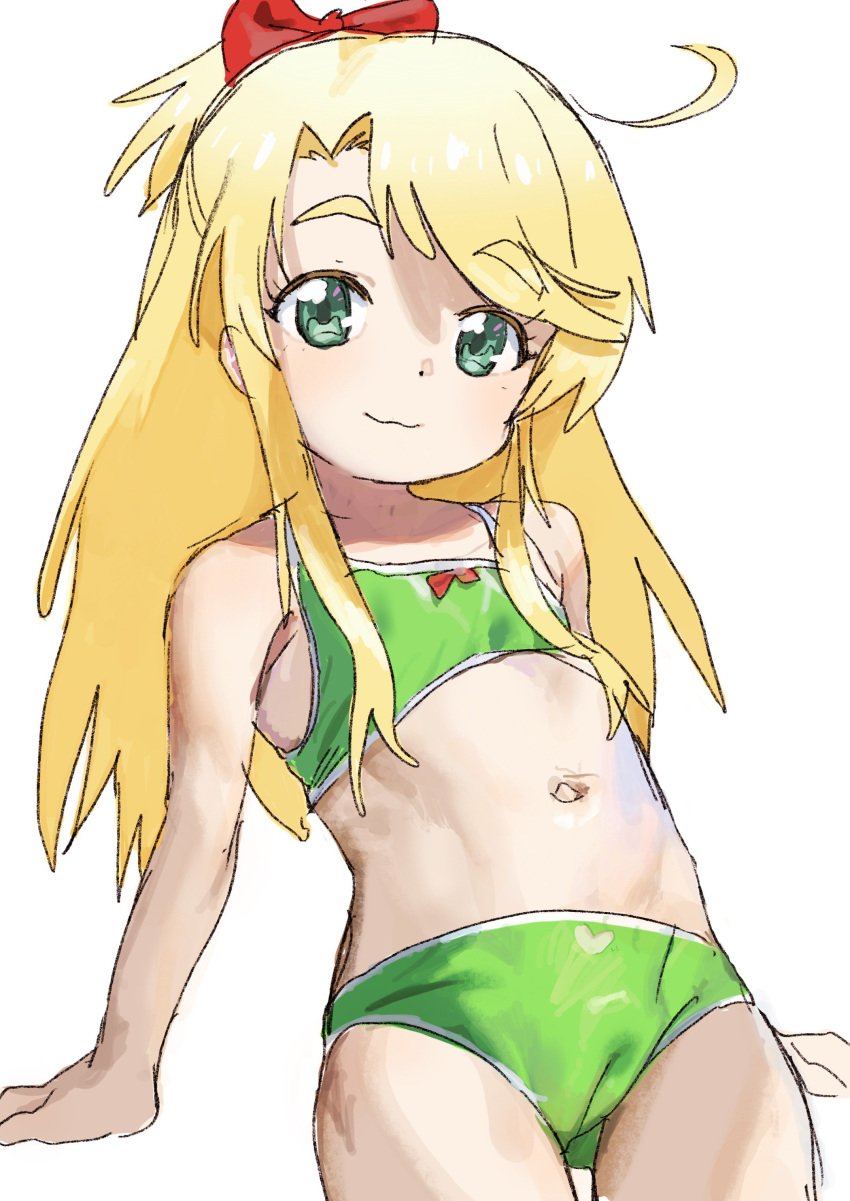 1girl :3 absurdres ahoge ass_visible_through_thighs bangs bare_arms bare_shoulders bikini blonde_hair bow closed_mouth commentary_request eyebrows_visible_through_hair green_bikini green_eyes hair_bow highres himesaka_noa long_hair mammoth9878 navel ponytail red_bow simple_background smile solo swimsuit thick_eyebrows watashi_ni_tenshi_ga_maiorita! white_background