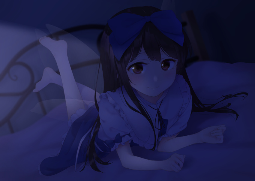 1girl arm_support barefoot bed bed_frame black_hair bloomers blue_dress bow brown_eyes capelet commentary_request dark_room dress dutch_angle fairy_wings hair_bow highres indoors kanpa_(campagne_9) leg_lift light_smile long_hair looking_at_viewer lying night on_bed on_stomach puffy_short_sleeves puffy_sleeves short_sleeves solo star_sapphire the_pose touhou underwear very_long_hair white_capelet wings