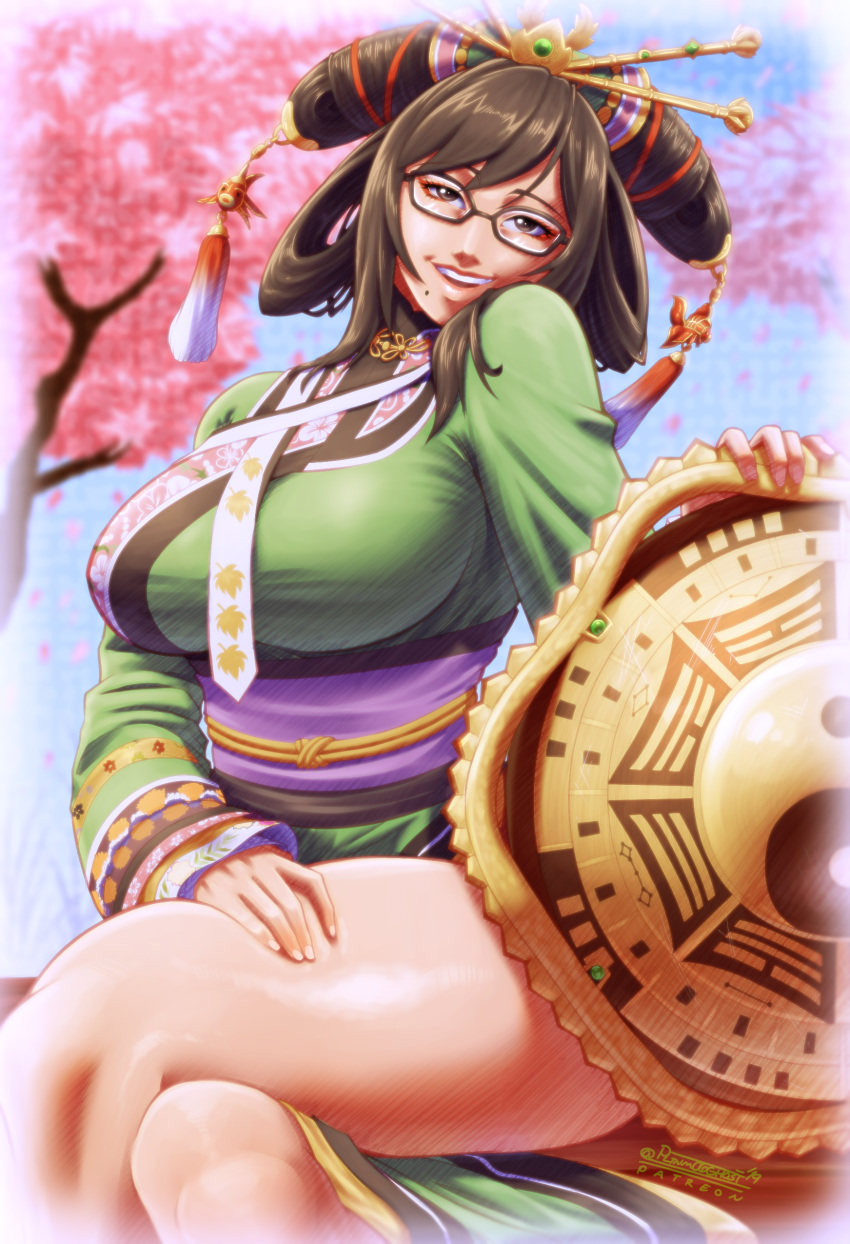 1girl absurdres black-framed_eyewear black_hair breasts brown_hair chinese_clothes commentary crossed_legs day deep_skin english_commentary glasses hair_rings highres joe_shimamura large_breasts looking_at_viewer mole mole_under_mouth samurai_spirits sash shield sidelocks sitting smile solo tassel thick_thighs thighs updo wu-ruixiang