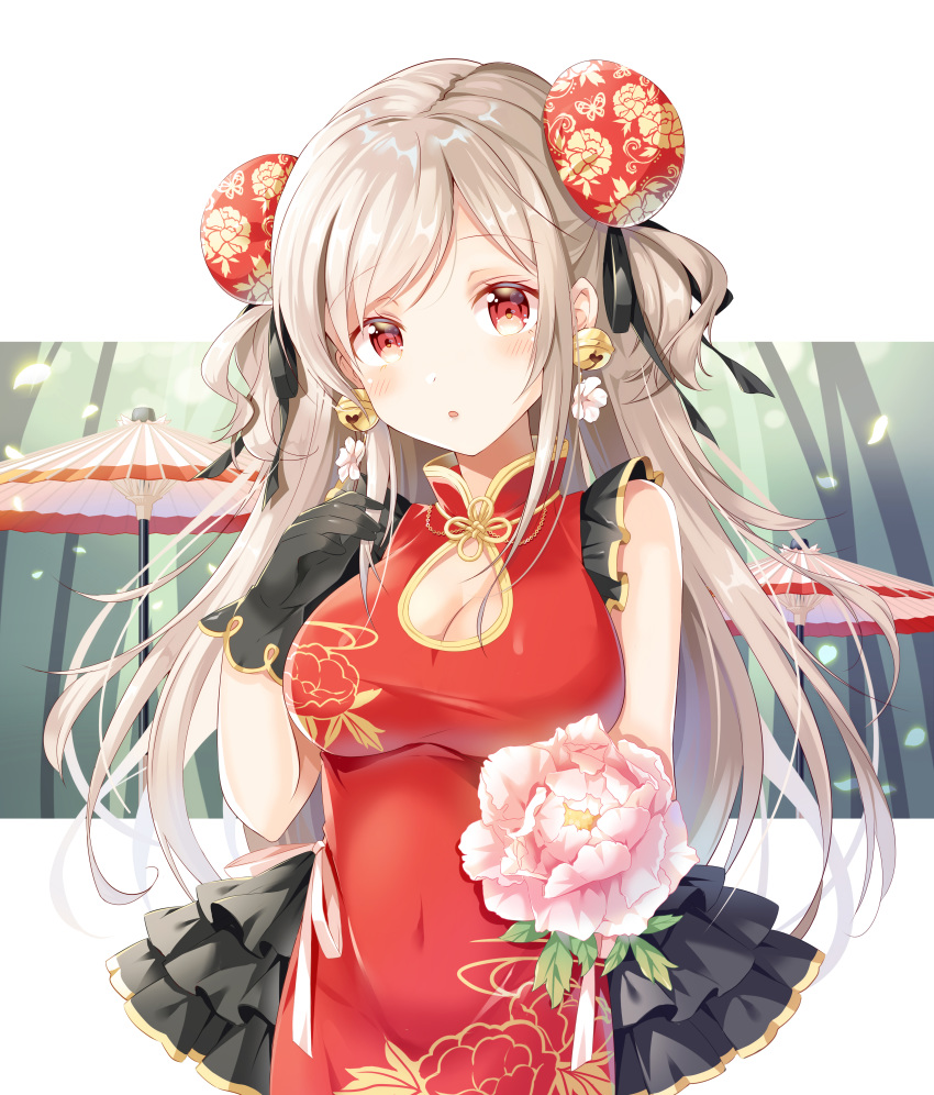 1girl :o absurdres bamboo bangs bell bell_earrings black_gloves black_ribbon blush breasts brown_hair china_dress chinese_clothes cleavage cleavage_cutout covered_navel double_bun dress earrings eyebrows_visible_through_hair floral_print flower gloves hair_ribbon hand_up has_bad_revision has_downscaled_revision highres jewelry jingle_bell large_breasts long_hair looking_at_viewer oriental_umbrella original parted_lips pelvic_curtain petals pink_flower print_dress red_dress ribbon shiro_kuma_shake sleeveless sleeveless_dress solo two_side_up umbrella very_long_hair white_umbrella
