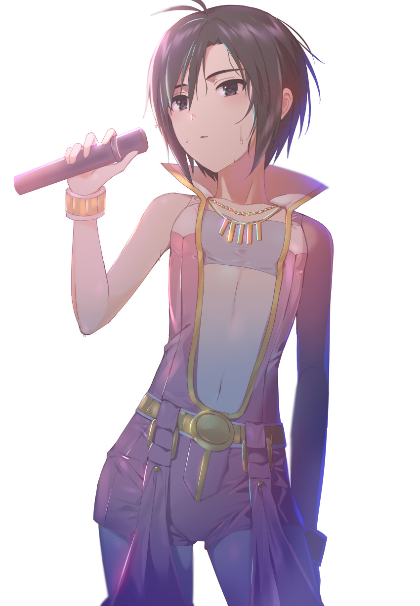 1girl absurdres antenna_hair black_eyes black_hair bra collarbone contrapposto cowboy_shot grey_bra hachiware hair_between_eyes highres holding holding_microphone idolmaster idolmaster_(classic) jewelry kikuchi_makoto microphone midriff navel necklace pink_jumpsuit short_hair short_jumpsuit simple_background solo standing stomach underwear white_background yellow_belt