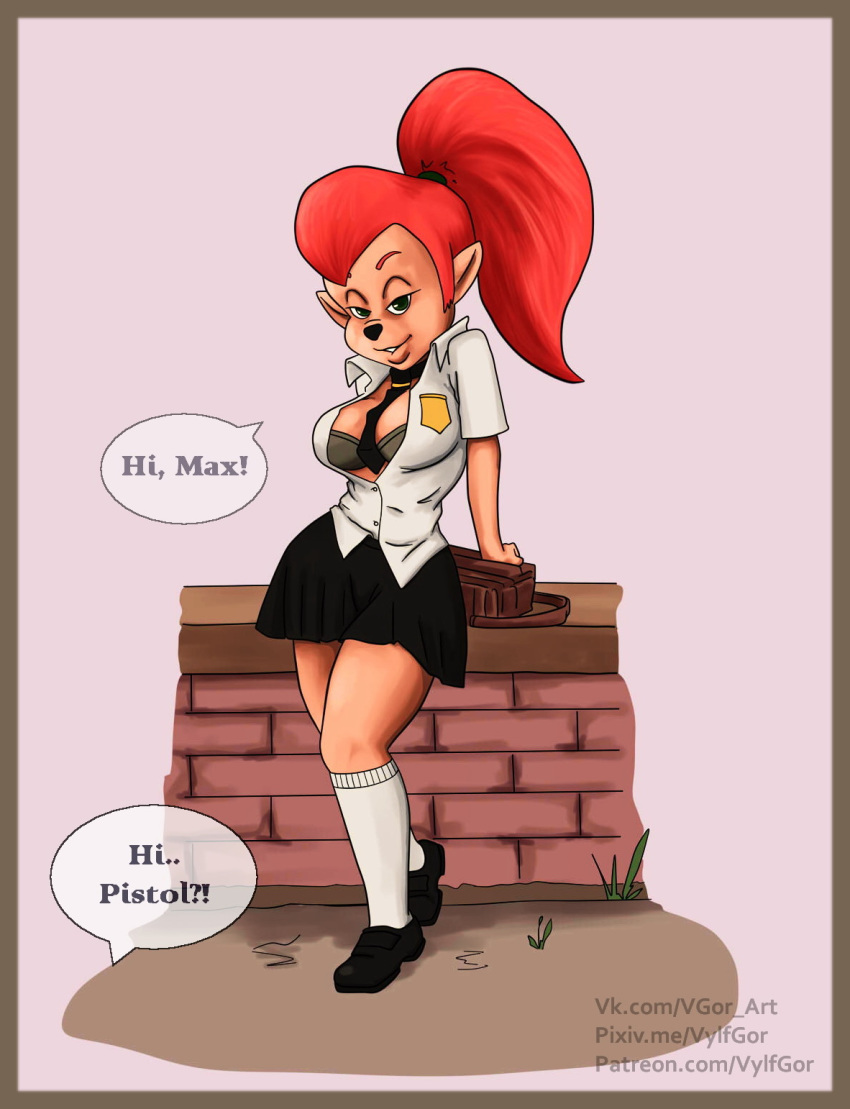 2019 aged_up anthro big_breasts breasts clothed clothing digital_media_(artwork) disney domestic_cat felid feline felis female front_view full-length_portrait fur goof_troop hair hi_res leaning legwear mammal pistol_pete portrait red_hair simple_background smile solo standing teeth text vylfgor young