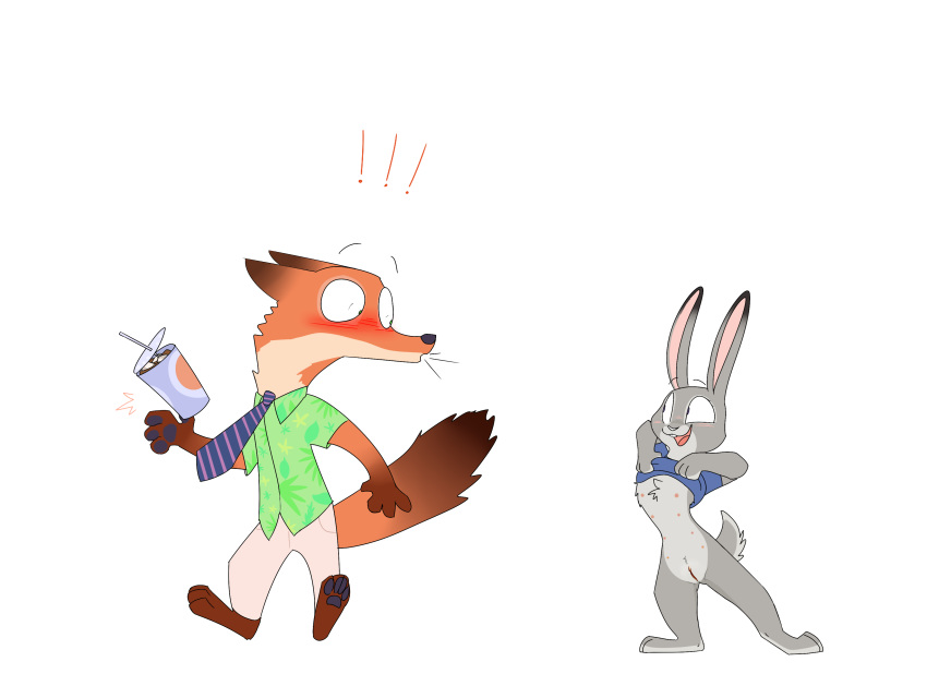absurd_res aquestionableponyblog blush bottomless breasts canid canine clothed clothing disney female flashing fox hi_res judy_hopps lagomorph leporid male mammal multi_nipple nick_wilde nipples pussy rabbit spit-take zootopia