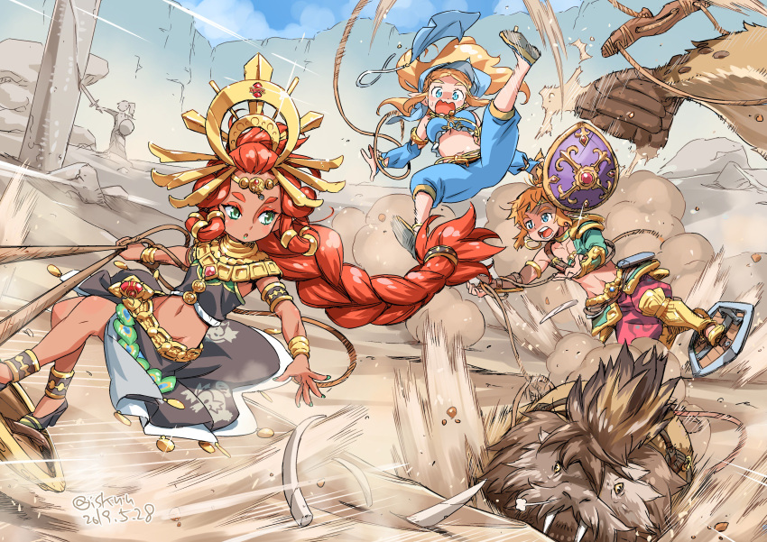 2girls absurdres alternate_costume armlet blonde_hair bracelet braid dark_skin dessert dust food hair_ornament highres isedaichi_ken jewelry link long_hair midair midriff multiple_girls nail_polish navel open_mouth princess_zelda red_hair riju sand shield statue stomach surfing the_legend_of_zelda the_legend_of_zelda:_breath_of_the_wild tusks